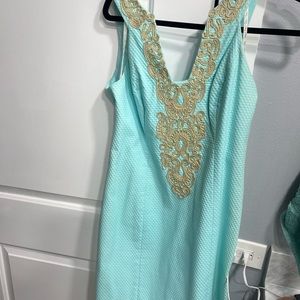 Lilly Pulitzer Aqua cocktail dress, above the knee.
